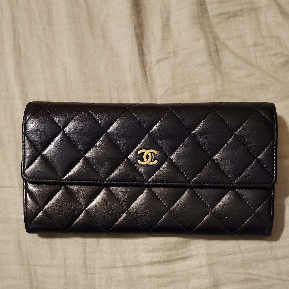 Chanel Black Quilted Leather Wallet with Gold Logo